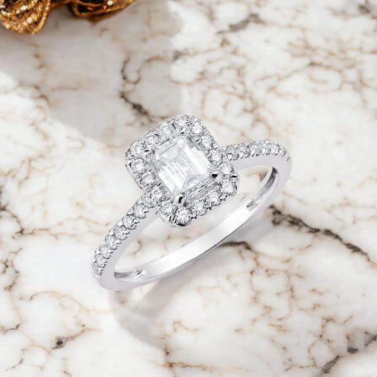 1CTW Emerald Cut Halo Lab Grown Diamond Engagement Ring in Platinum | Anniversary Gift | Elegant Engagement Ring |Gift on all Occasions