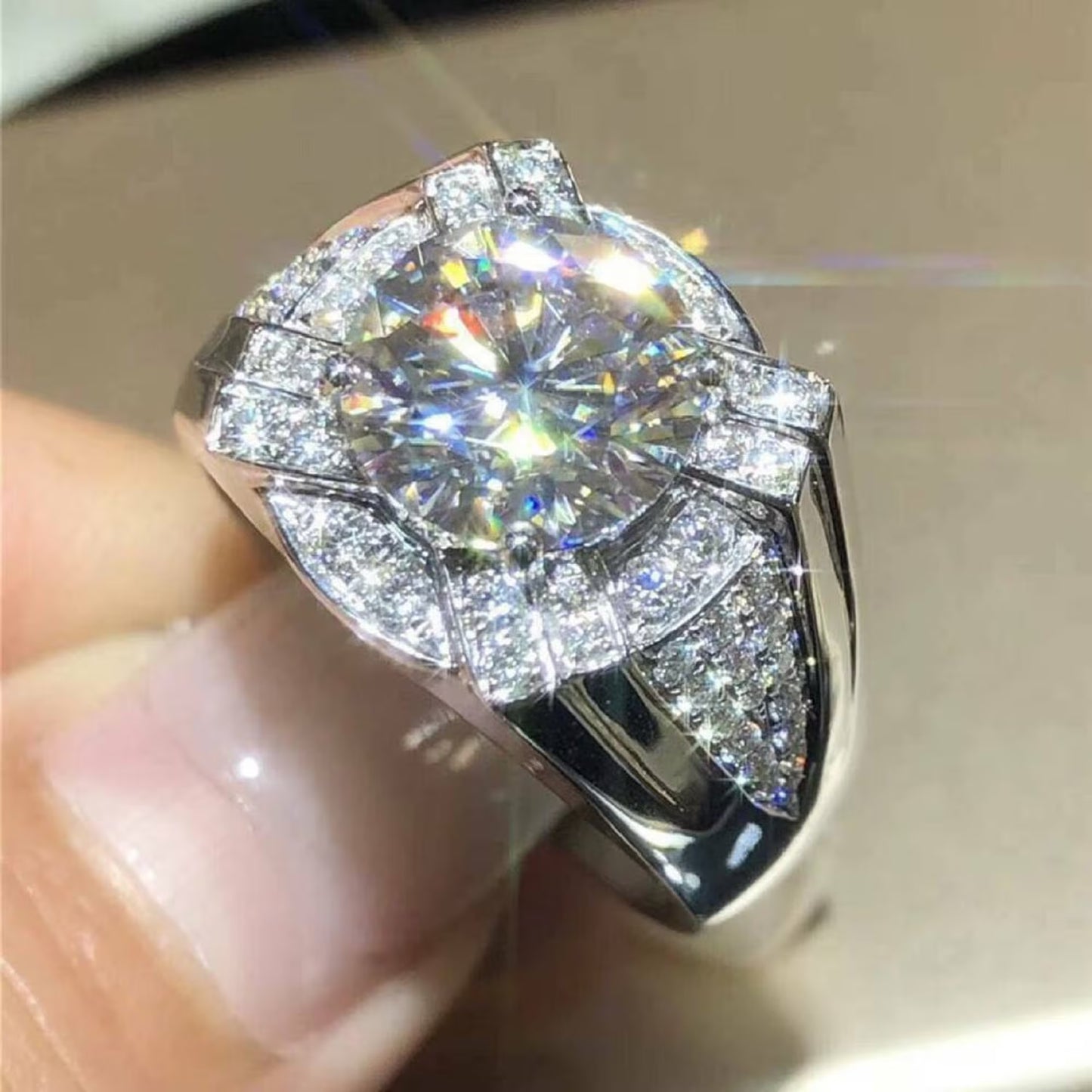 3CTW Round Cut Real Moissanite Men's Wedding Engagement Ring | 925 Sterling Silver | 14K White Gold Plated |Best Gift for men
