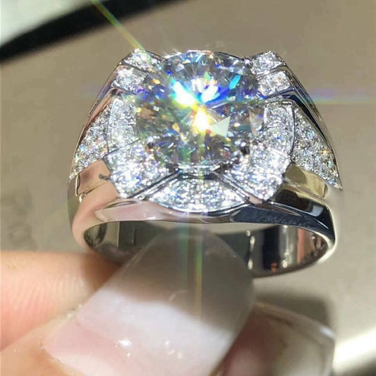 3CTW Round Cut Real Moissanite Men's Wedding Engagement Ring | 925 Sterling Silver | 14K White Gold Plated |Best Gift for men