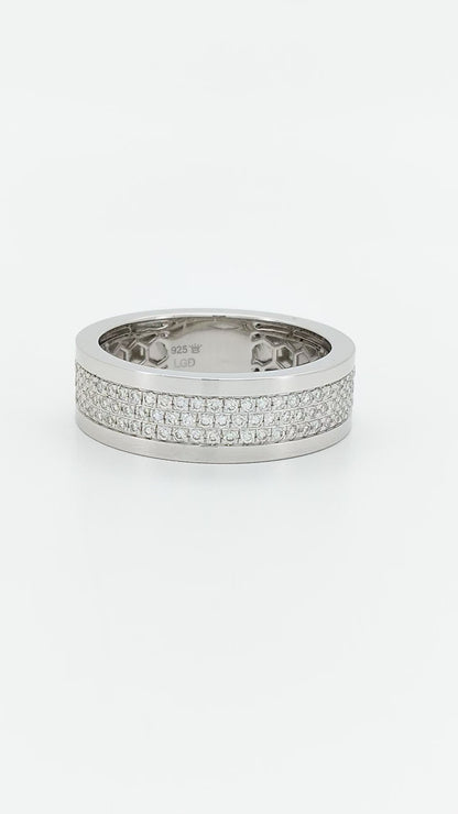 Men's Half Eternity Band, 14K White Gold Plated Sterling Silver, Lab Diamond Pave Setting Ring, CNC Finish, Wedding Gift for Him