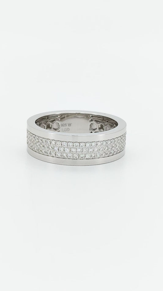 Men's Half Eternity Band, 14K White Gold Plated Sterling Silver, Lab Diamond Pave Setting Ring, CNC Finish, Wedding Gift for Him