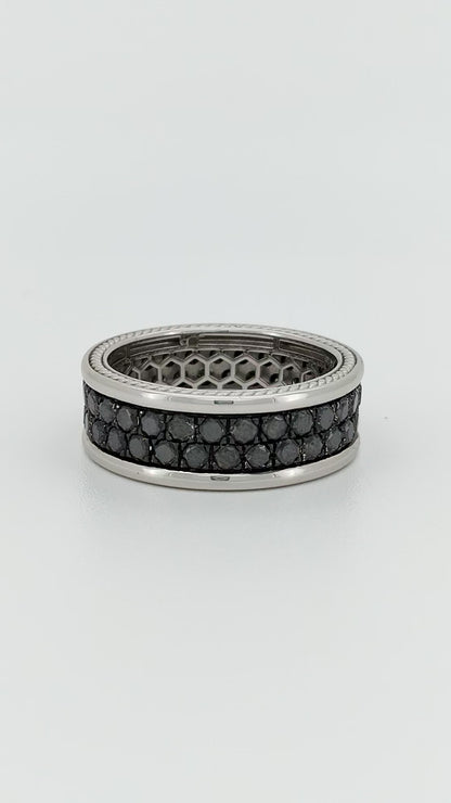 Men's 14K Gold Plated Silver Geometric Band | 8mm Width CNC Cut design | Natural Black Diamond Wedding Band for Him