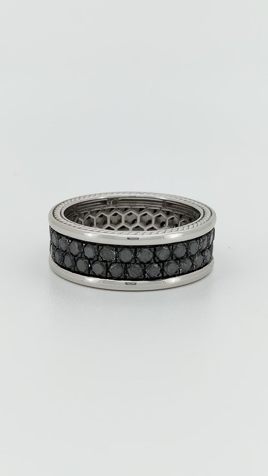 Men's 14K Gold Plated Silver Geometric Band | 8mm Width CNC Cut design | Natural Black Diamond Wedding Band for Him