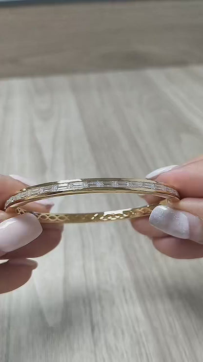 18K Gold-Plated Silver 2 1/2 CTW Moissanite Bangle: Baguette-Cut Cuff Bracelet