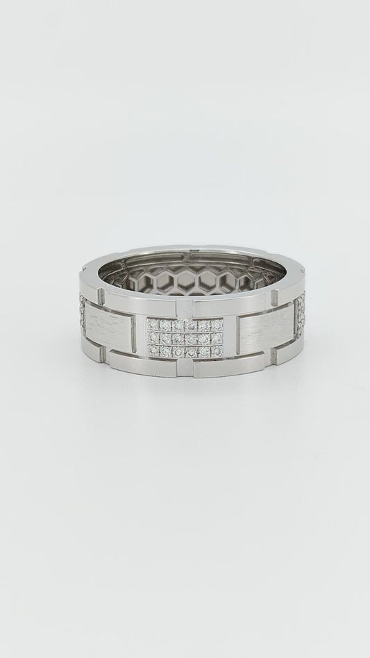 Men's Geometric Band Ring, 14K Gold Plated Sterling Silver, Lab Diamond Eternity Band, CNC Finish, Modern Wedding Gift