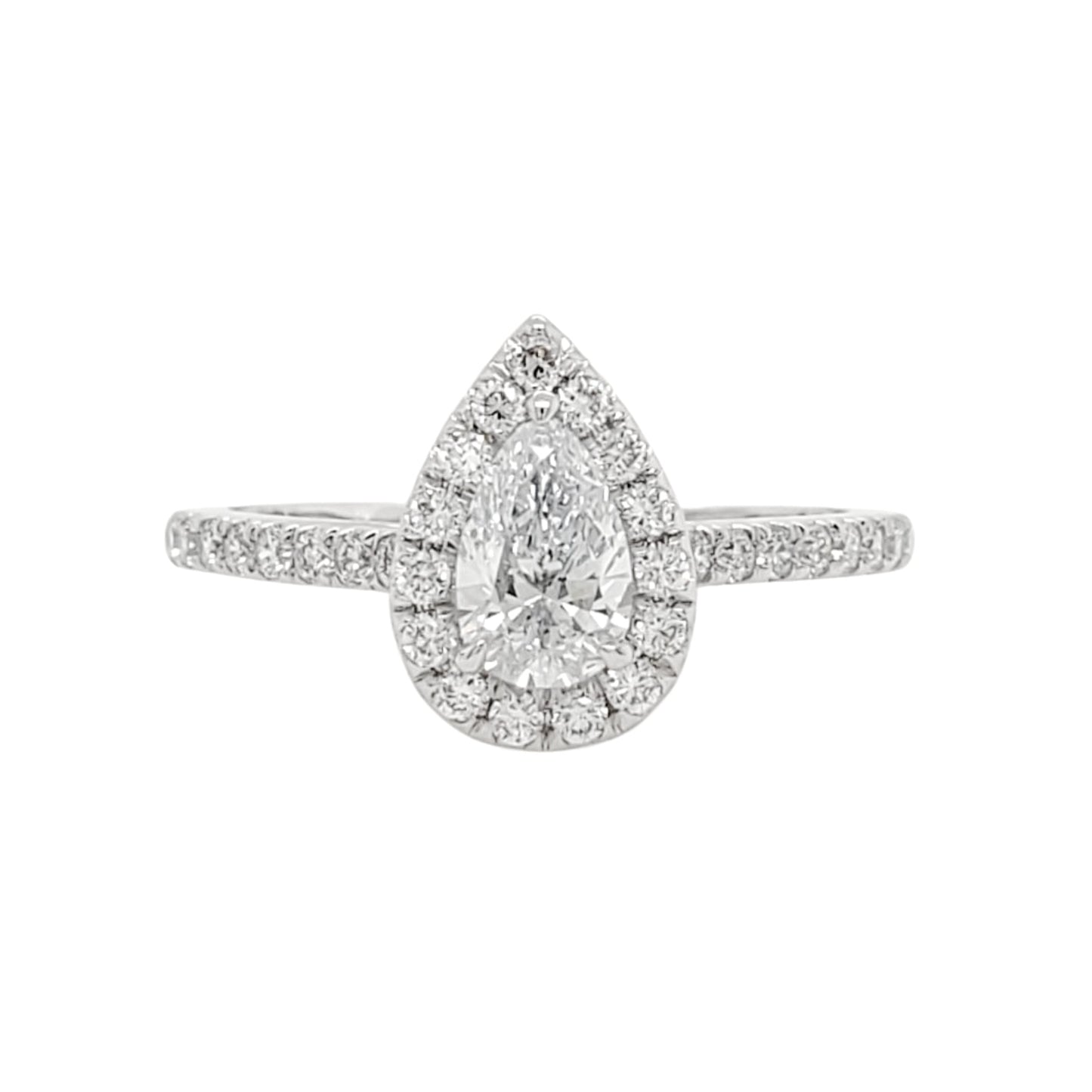 0.9ctw Pear Lab Grown Diamond Halo Pave Set Engagement Ring in Platinum - L Line