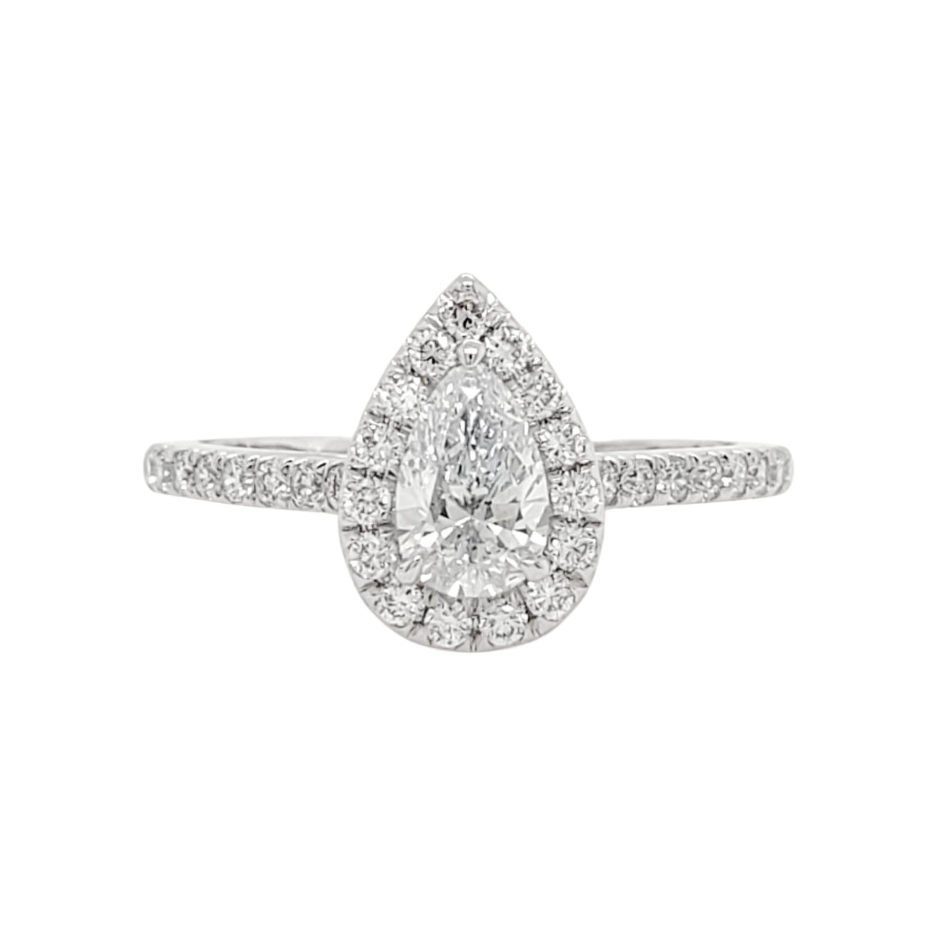 0.9ctw Pear Lab Grown Diamond Halo Pave Set Engagement Ring in Platinum - L Line